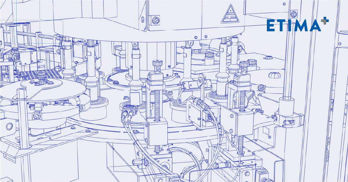 Plano técnico de una etiquetadora rotativa diseñada por el equipo de I+D de Etima