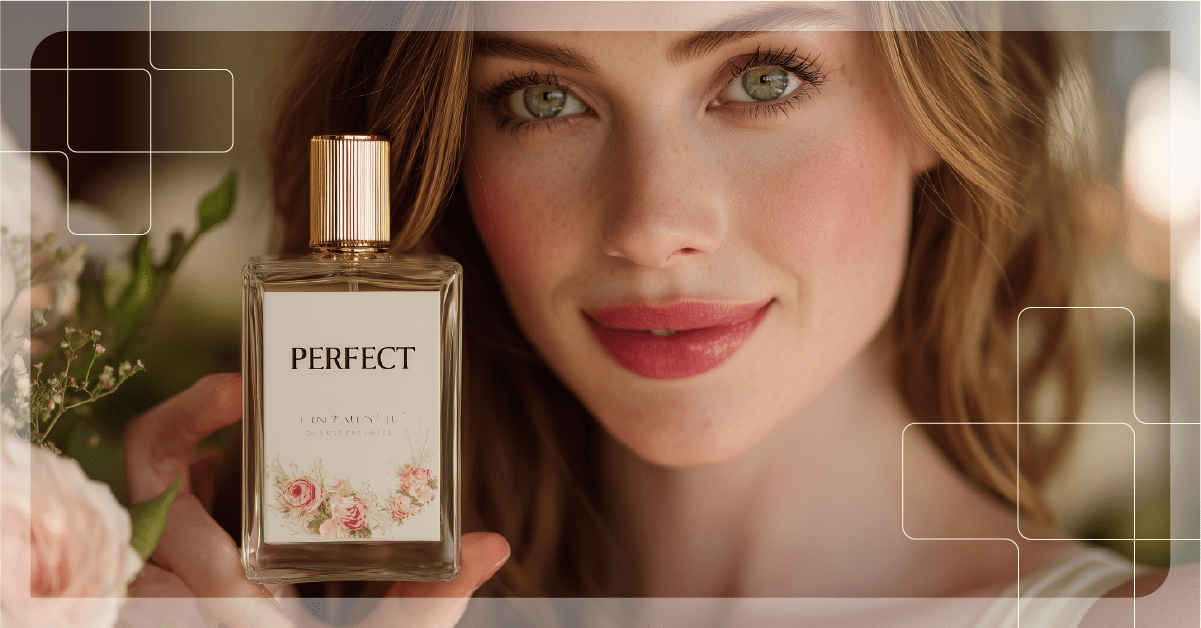 Frasco de perfume premium con etiqueta envolvente de acabado brillante sostenido en la mano